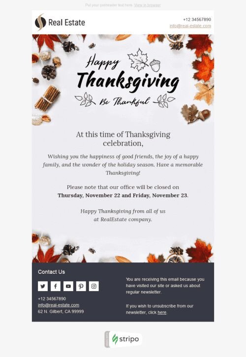 Thanksgiving Day Email Template "Wonderful Time" for Real Estate industry mobile view