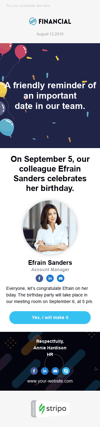Modello Email Interne «Promemoria per il compleanno di un collega» per il settore industriale di HR Visualizzazione mobile