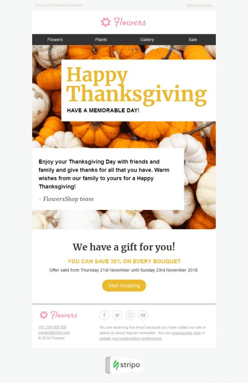 Thanksgiving Day Email Template "Memorable Day" for Gifts & Flowers industry mobile view