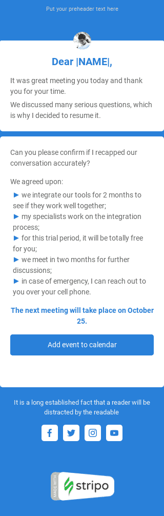 Шаблон листа «Дякую за зустріч» тематики Follow-up для індустрії «Бізнес» мобільний вигляд