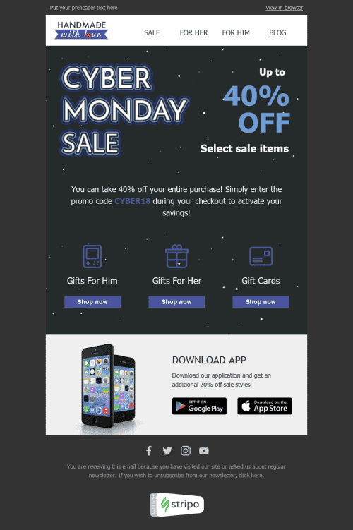Modello Email Cyber Monday "regali interessanti" per il settore industriale di Libri, regali e cancelleria Visualizzazione desktop