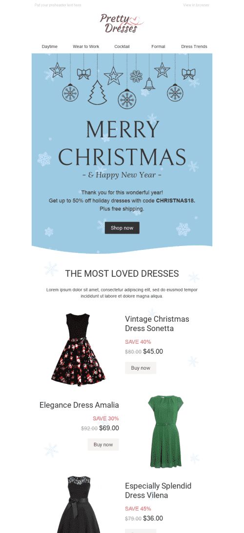 Christmas Email Template "Snowfall" for Fashion industry mobile view