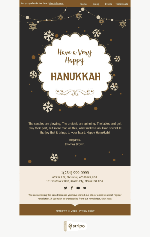 Hanukkah E-Mail-Vorlage "Glück und Freude" für Hotels-Branche Desktop-Ansicht