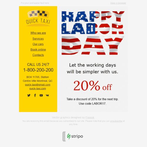 Labor Day Email Template "Comfortable Trips" for Auto & Moto industry mobile view