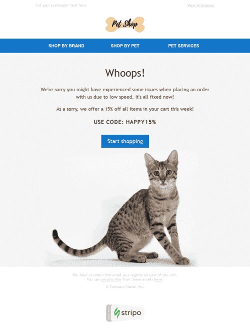Apology Email Template «Whoops» for Pets industry mobile view