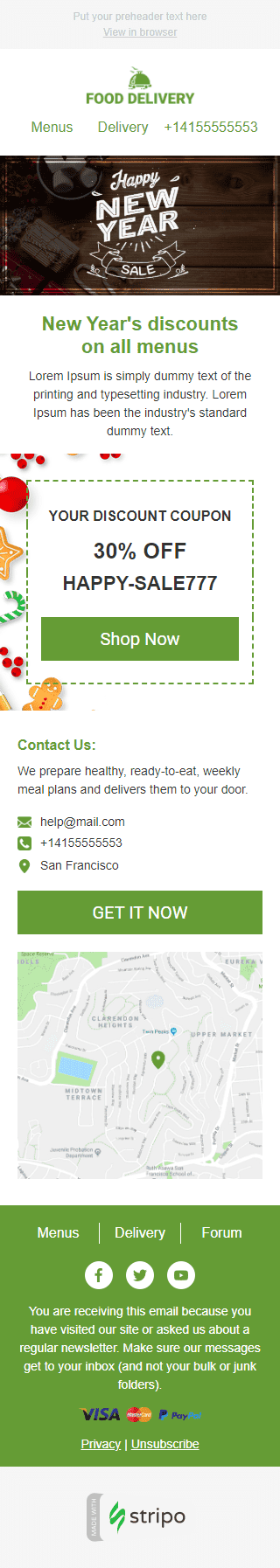 Modelo de E-mail de «Comida de férias» de Natal para a indústria de Alimentação Visualização de dispositivo móvel