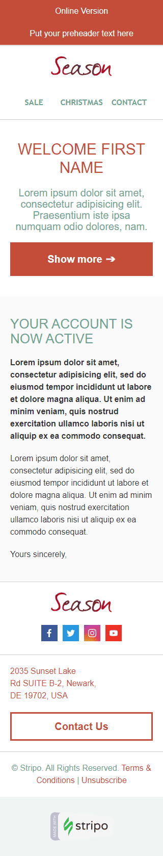 Modelo de E-mail de «Saudações sazonais» de Boas-vindas para a indústria de Presentes e Flores Visualização de dispositivo móvel