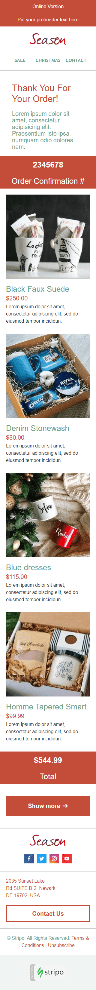 Modèle de courrier électronique Confirmation «Commande saisonnière» pour le secteur Cadeaux & Fleurs Affichage mobile