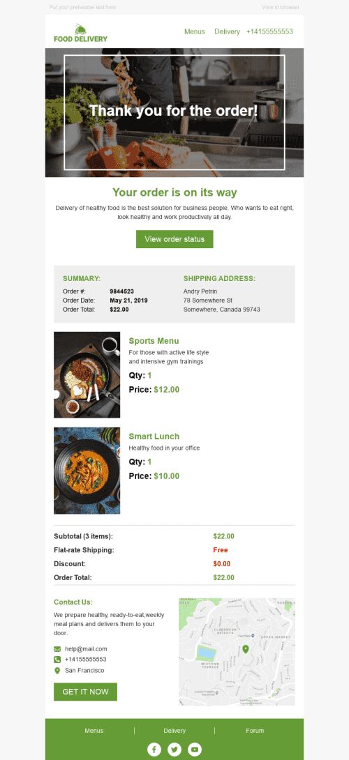 Order Email Template «Fast and Tasty» for Food industry mobile view