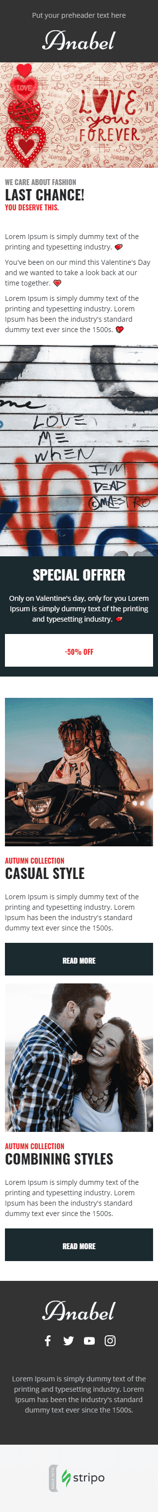 Modèle de courrier électronique Saint Valentin «Je t'aime pour toujours» pour le secteur Mode Affichage mobile