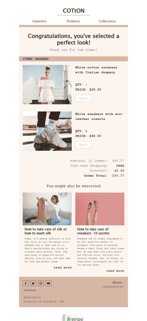Order Email Template «Natural Fabrics» for Fashion industry mobile view