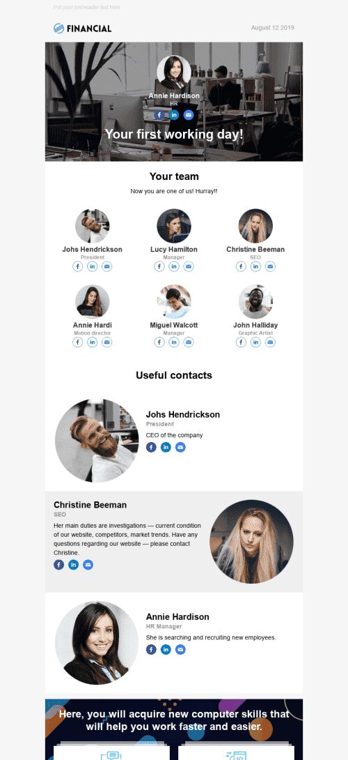 Internal Email Template «First Working Day» for Human Resources industry mobile view