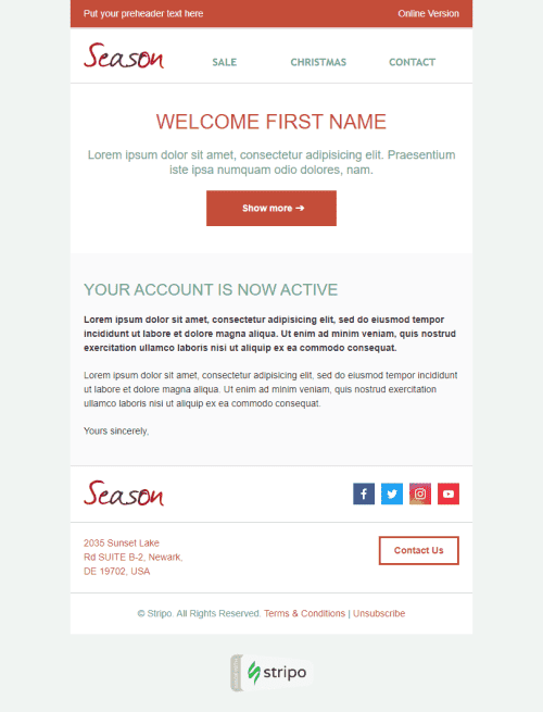 Modelo de E-mail de «Saudações sazonais» de Boas-vindas para a indústria de Presentes e Flores Visualização de desktop