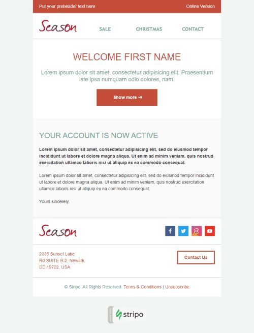 Welcome Email Template «Seasonal Greetings» for Gifts & Flowers industry mobile view