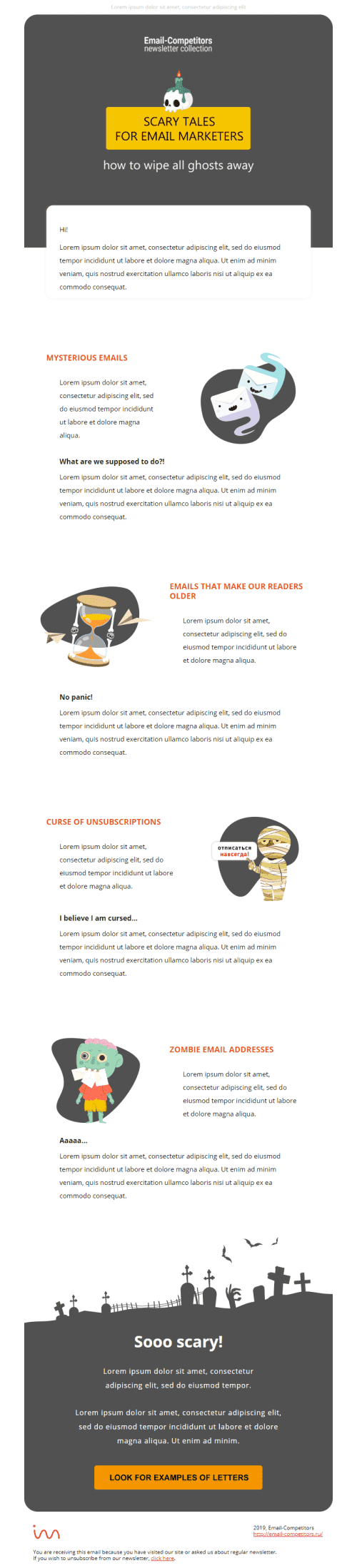 Modèle de courrier électronique Halloween «Histoires effrayantes dans le noir» pour le secteur Publications & Blogging Affichage mobile