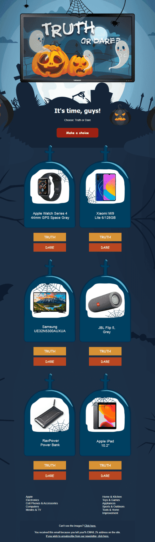 Modèle de courrier électronique Halloween «Faites votre choix: vérité ou action!» pour le secteur Gadgets Affichage ordinateur