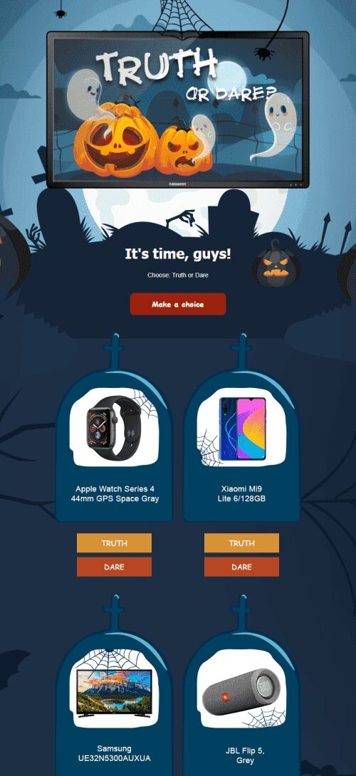 Halloween Email Template «Make Your Choice: Truth Or Action!» for Gadgets industry mobile view