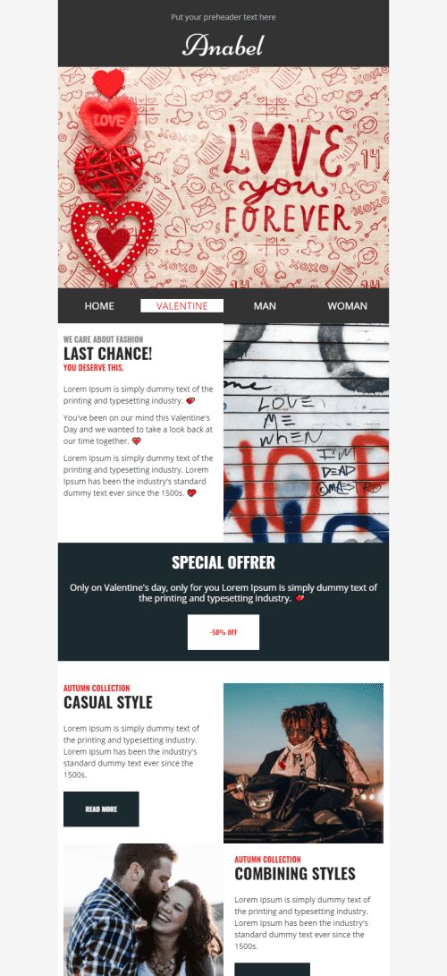 Valentine’s Day Email Template «Love You Forever» for Fashion industry mobile view