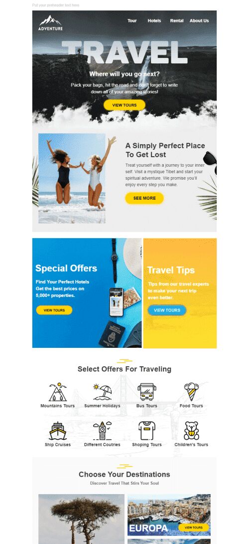 Promo Email Template «Travel Fun» for Tourism industry mobile view