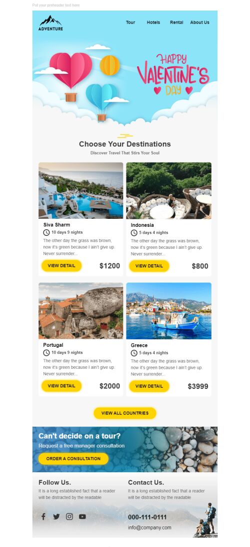 Valentine’s Day Email Template «Romantic trip» for Tourism industry mobile view