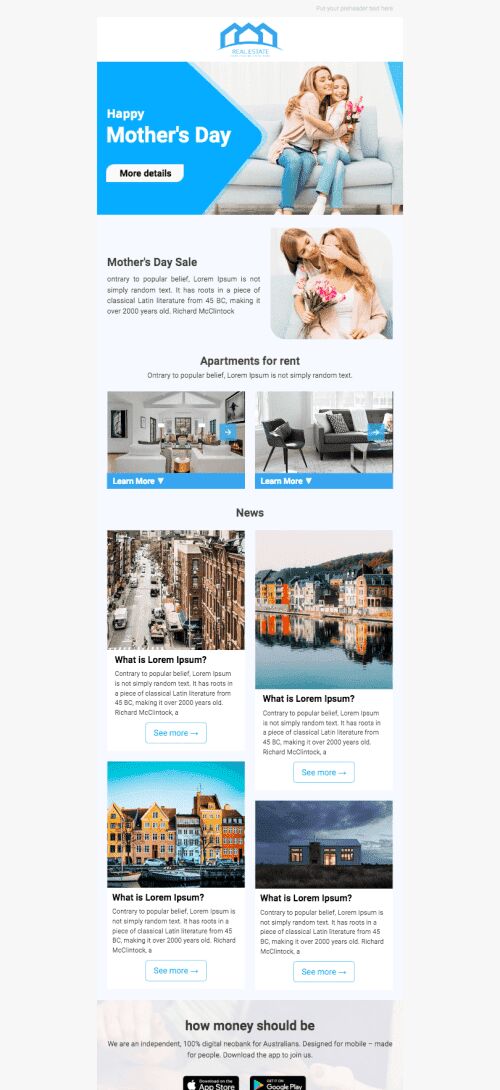 Mother’s Day Email Template «Mom's holiday» for Real Estate industry mobile view